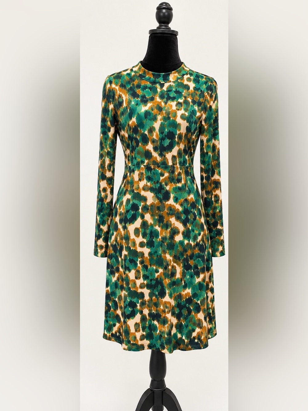 Benetton NWOT Classic Green Floral Long Sleeve A-Line Dress XS
